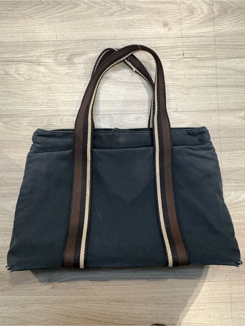 Hermes Gray Canvas Messenger Tote with Brown Striped Webbing Handles